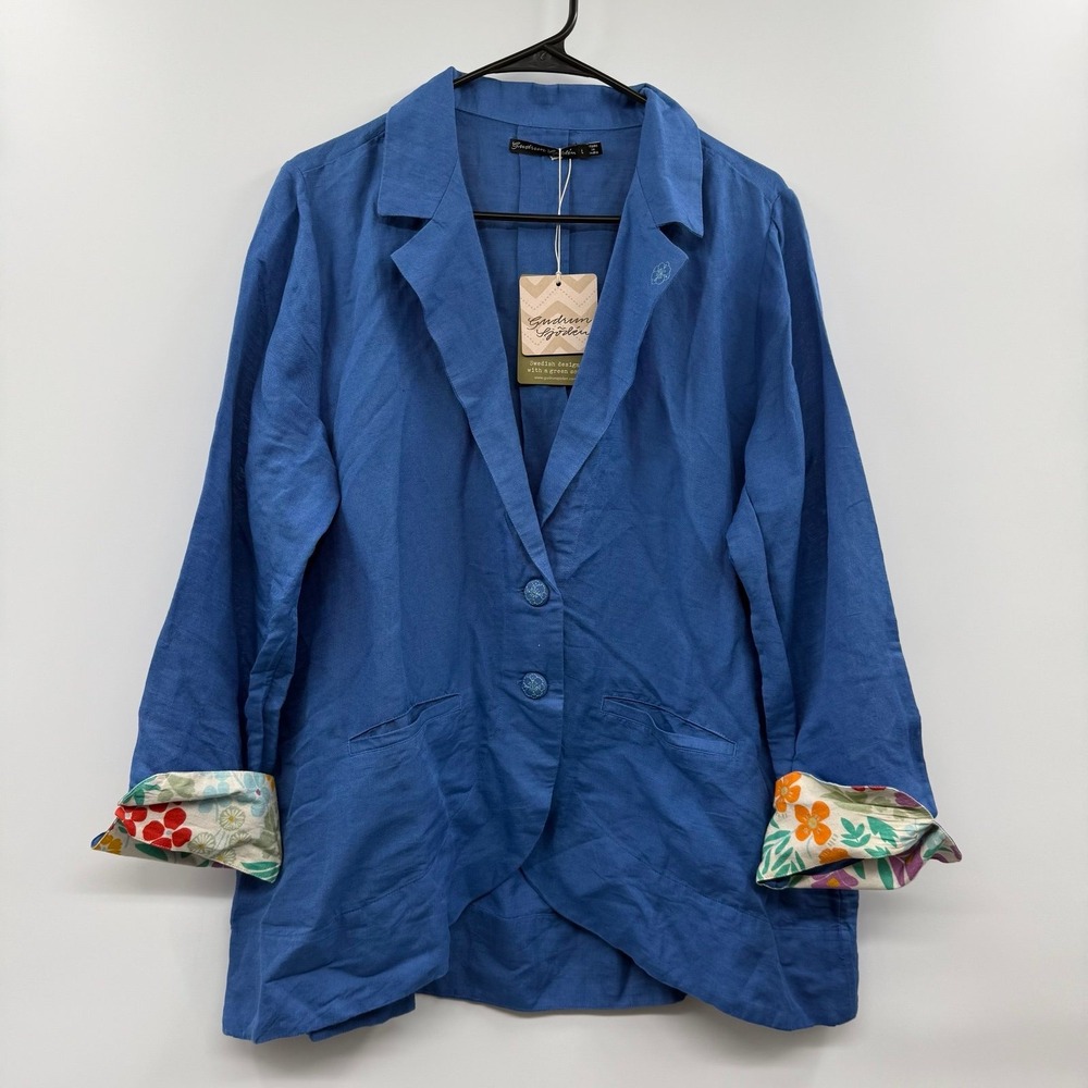 Gudrun Sjödén blue linen blend blazer size large boho shabby